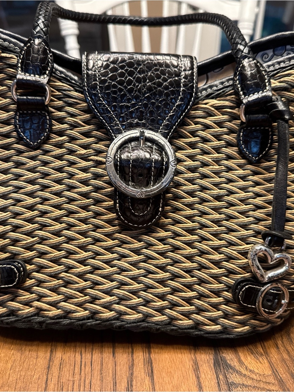 Brighton Black Trim Woven Straw Tote with Silver Hardware